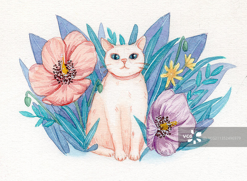 水彩手绘植物动物组合插画图片素材