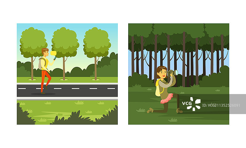 男女享受户外散步拍照图片素材