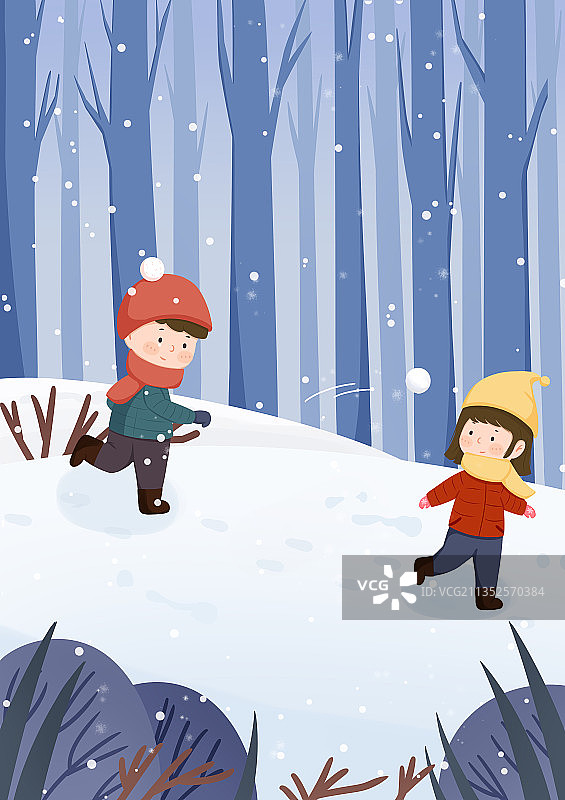 插画 季节 冬天 节气 大雪  打雪仗图片素材