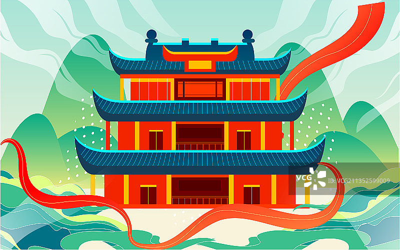 中国风古建筑城市景区插画长沙地标旅游海报图片素材