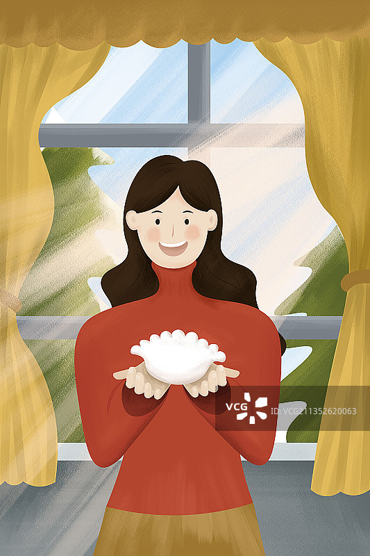 窗前捧着个大饺子的年轻女性插画图片素材