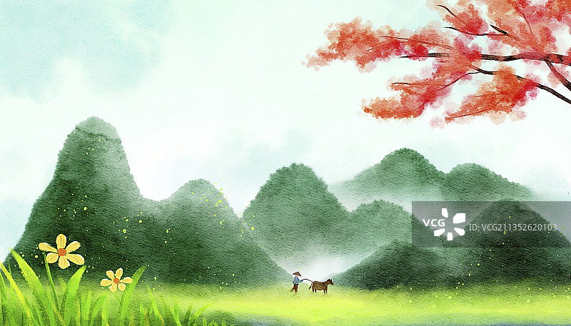 春天户外田野风景插画图片素材