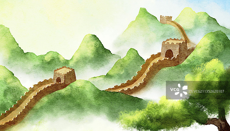 中国历史建筑长城水彩插画图片素材