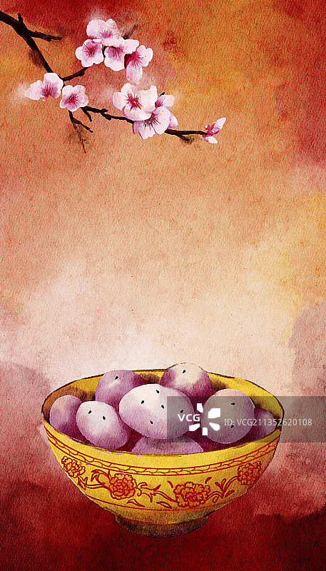 元宵节汤圆和桃花水彩风格插画图片素材
