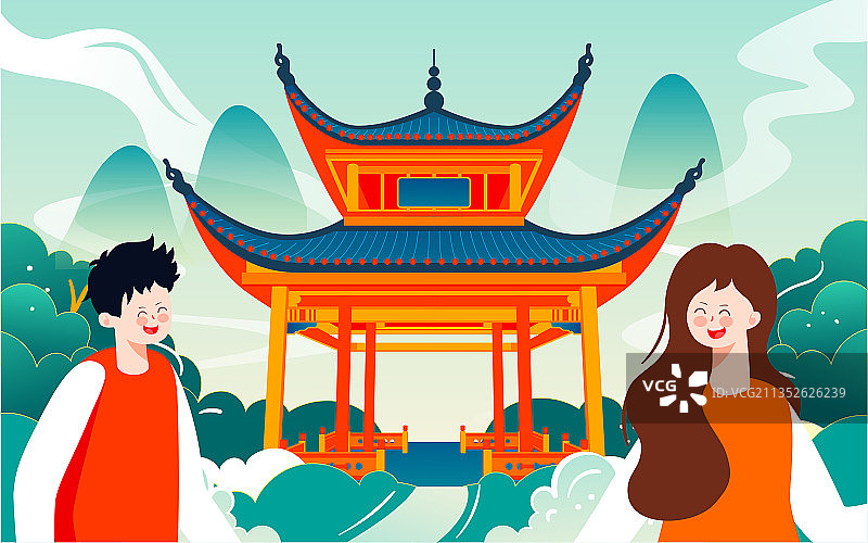 长沙地标爱晚亭插画中国风古建筑景点海报图片素材