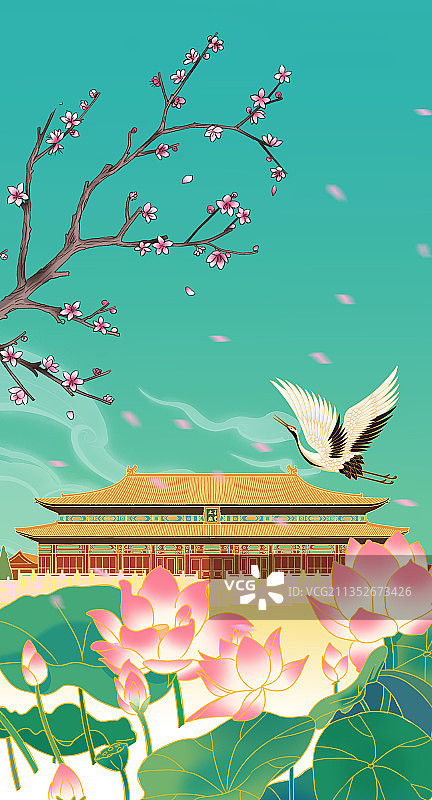 中国风新中式古风北京故宫紫禁城皇宫明清建筑节气节日荷花插画图片素材