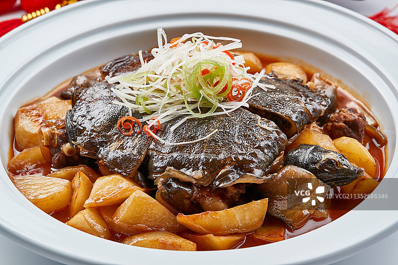 白色砂锅装的滋补萝卜炖甲鱼图片素材