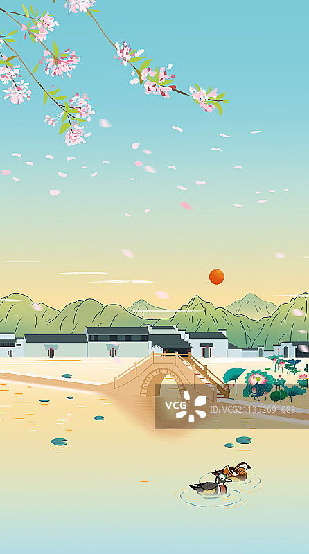 中国风新中式古风中国画山水画安徽宏村徽派建筑石桥荷花插画图片素材