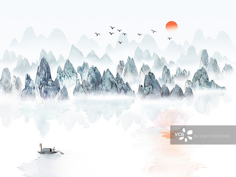 黄昏小舟归来渔舟唱晚山林日出飞鸟绝美中国画视频背景图图片素材