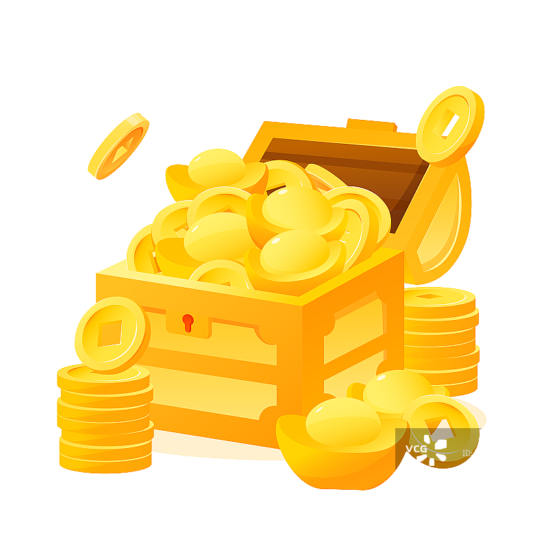 装满金币和元宝的金色百宝箱矢量插画图片素材