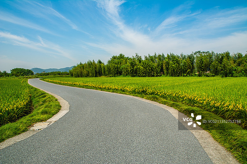 杭州良渚古城遗址乡村农村田园风光 道路柏油路公路汽车广告背景图片素材