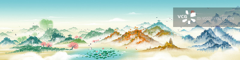 四季山水风景画千里江山图图片素材