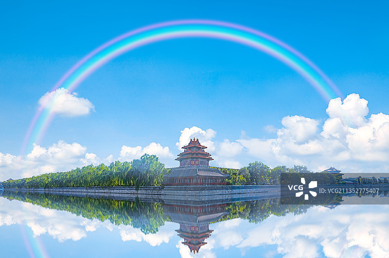 蓝天白云彩虹北京故宫城市建筑图片素材