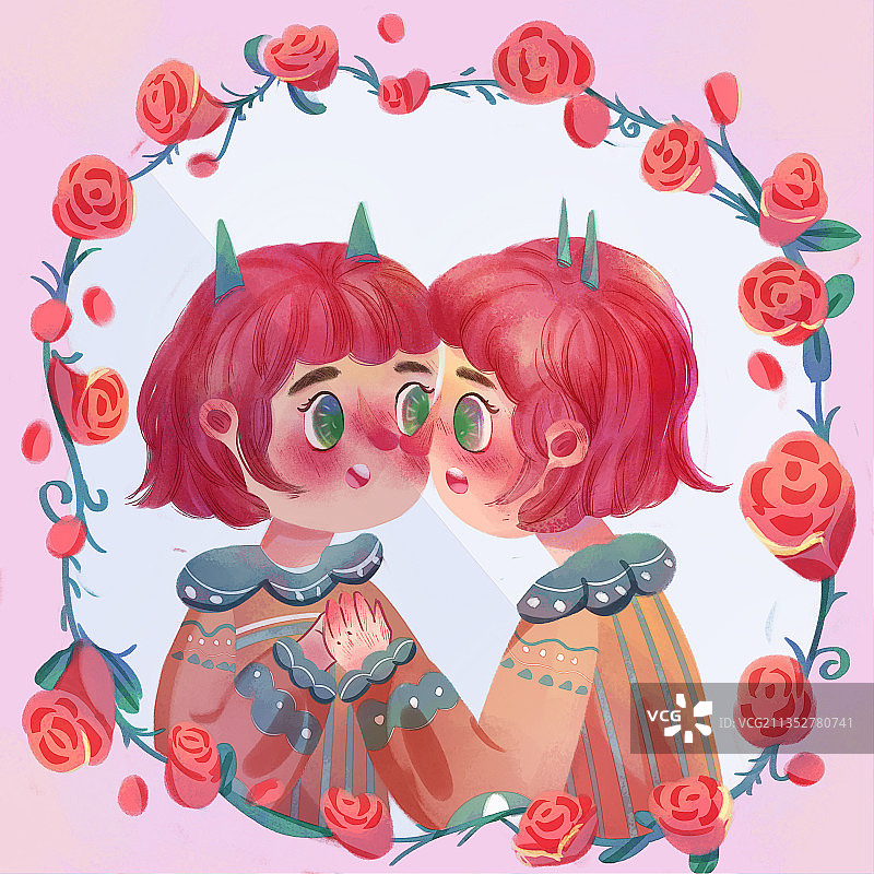 儿童插画女孩照镜子图片素材