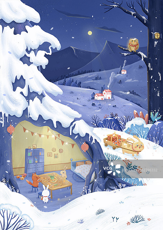 小清新冬季下雪天户外插画图片素材