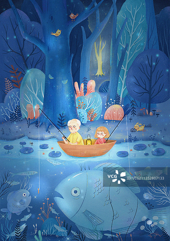 小清新夏日夜晚垂钓场景插画图片素材