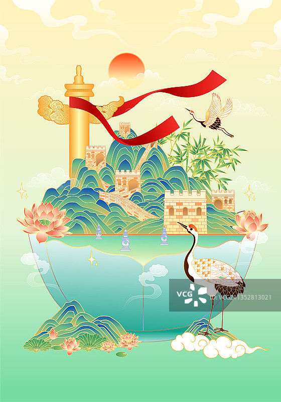 建党节北京长城风景矢量插画图片素材