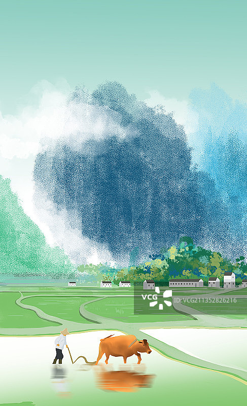 中国风新中式古风中国南方地理古村落民居世外桃源农民耕种山水画图片素材