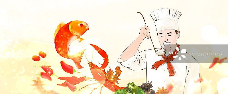 一个穿着传统服装的年轻厨师在烹饪站在白色背景下图片素材