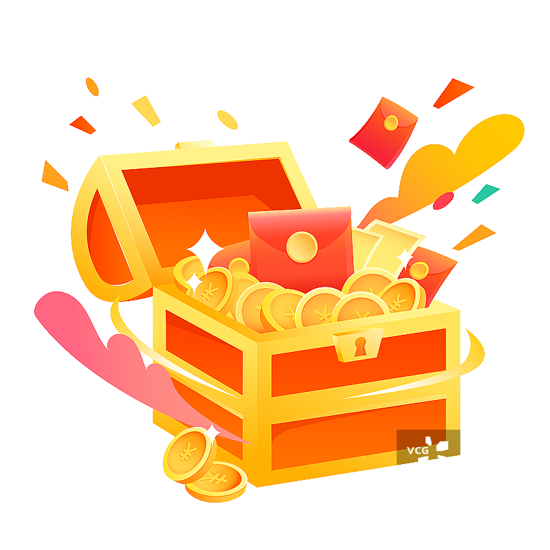 侧面打开装满金币红包的百宝箱矢量插画元素图片素材