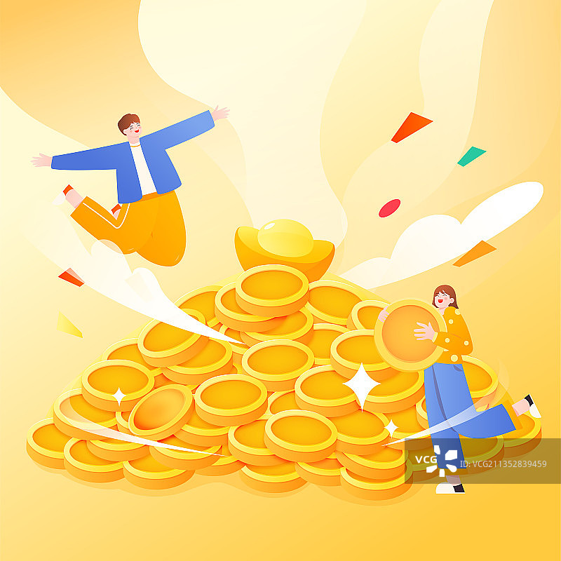 人们在金币堆钱开心的欢呼矢量插画图片素材