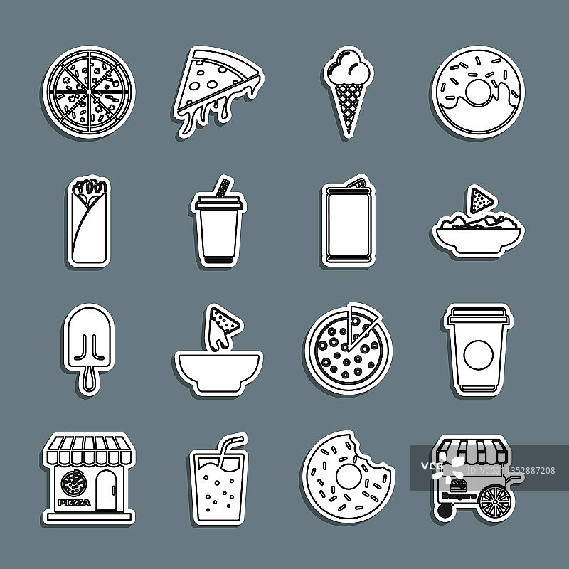 街头快餐车咖啡杯玉米片线条素材图片素材