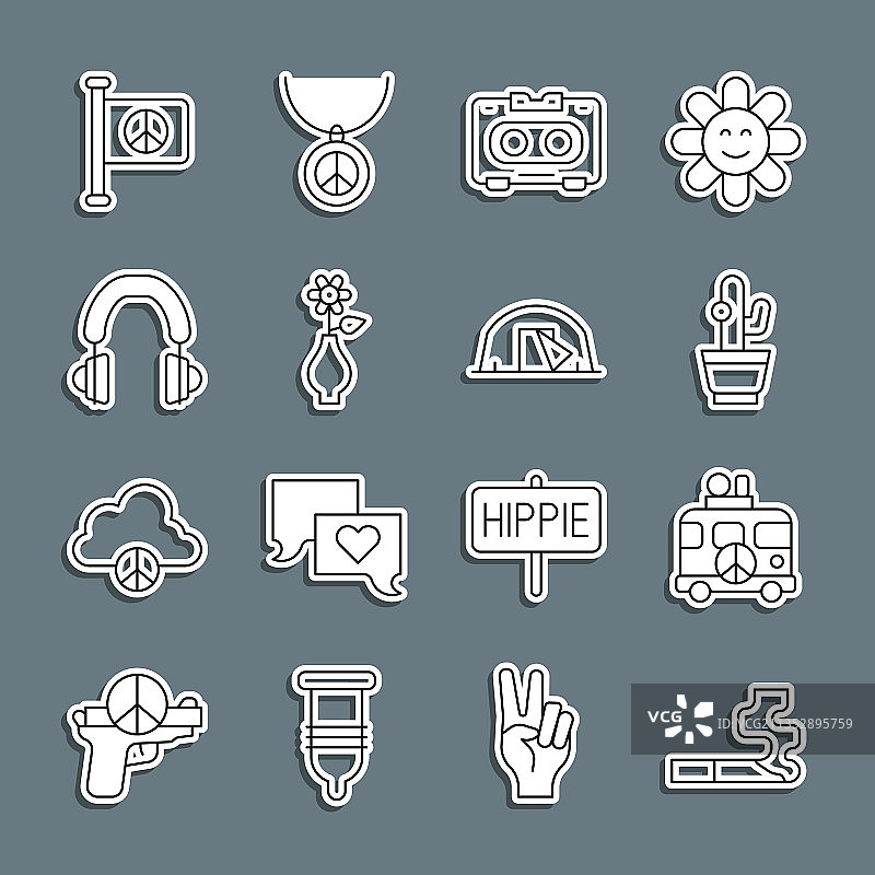 香烟、嬉皮露营车和仙人掌线条组合图片素材