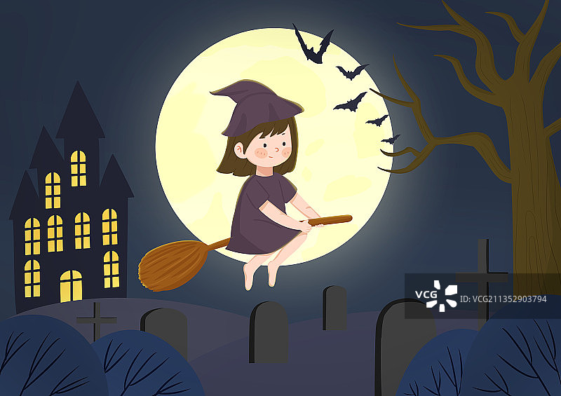 插画 万圣节 满月 夜晚图片素材