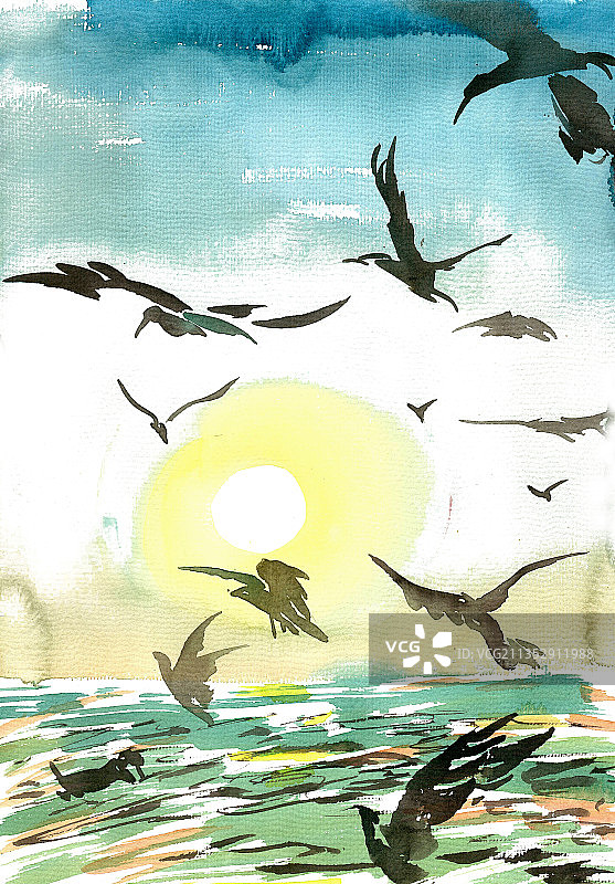 波涛上的海鸥水墨图片素材