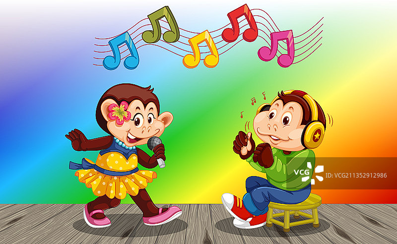 彩虹渐变背景上一起唱歌的两只猴子图片素材