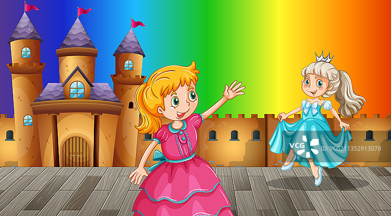 彩虹渐变背景上的卡通公主形象图片素材