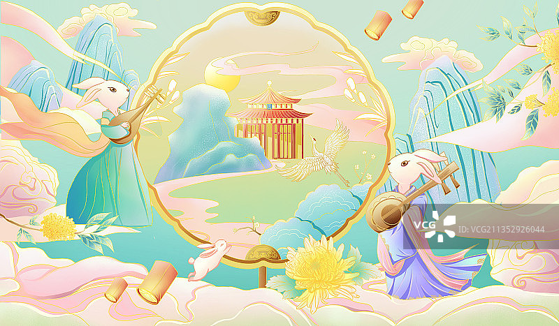 中秋国潮月饼礼盒插画图片素材