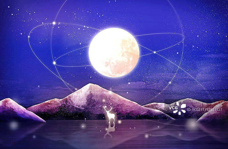 星空，月亮，插画，山图片素材