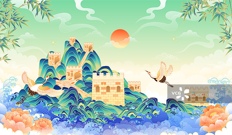 北京长城风景矢量插画图片素材