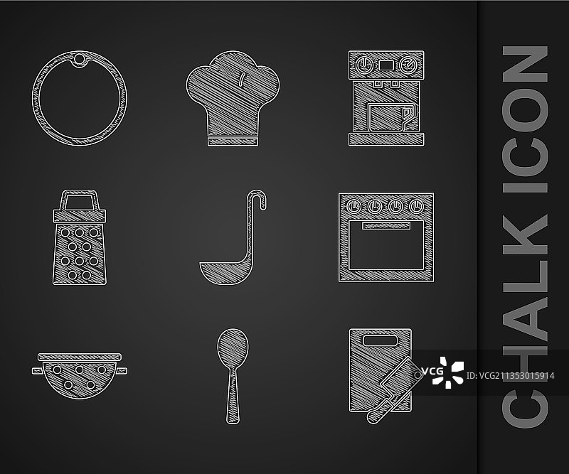 厨房用具套装：长柄勺、勺子、砧板、肉图片素材