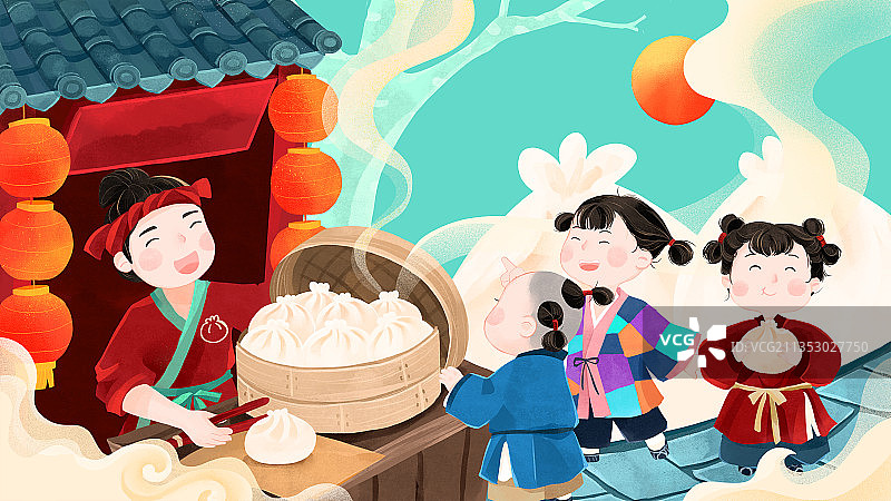 古代包子铺前卖包子店家与吃包子的小孩插画图片素材