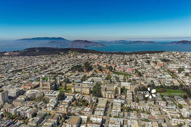 旧金山大学鸟瞰图，金门大桥，旧金山市中心图片素材