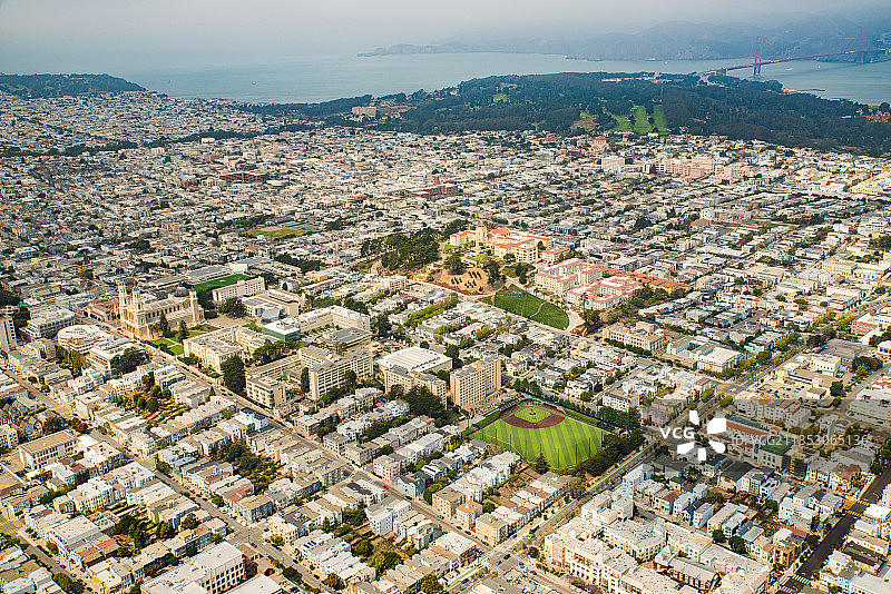 旧金山大学鸟瞰图，金门大桥，旧金山市中心图片素材