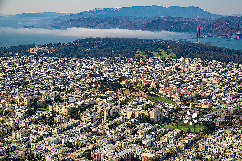 旧金山大学鸟瞰图，金门大桥，旧金山市中心图片素材
