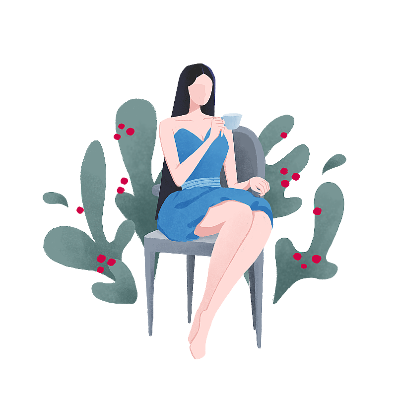 植物丛中坐在椅子上喝茶的女人扁平风格图片素材