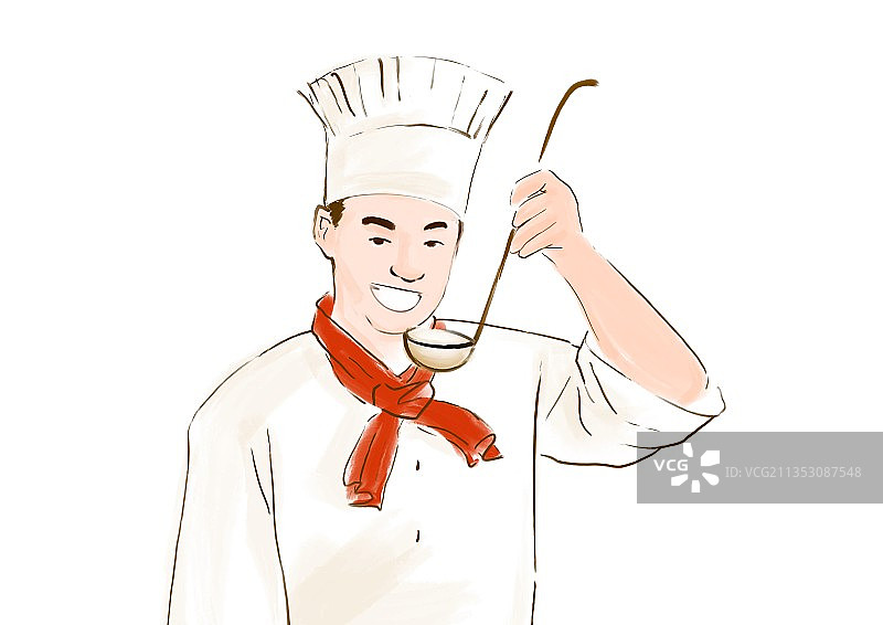 一个穿着传统服装的年轻厨师在烹饪站在白色背景下图片素材