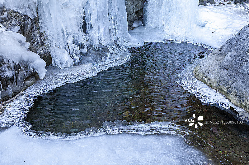 山间结冰的水潭冰瀑图片素材