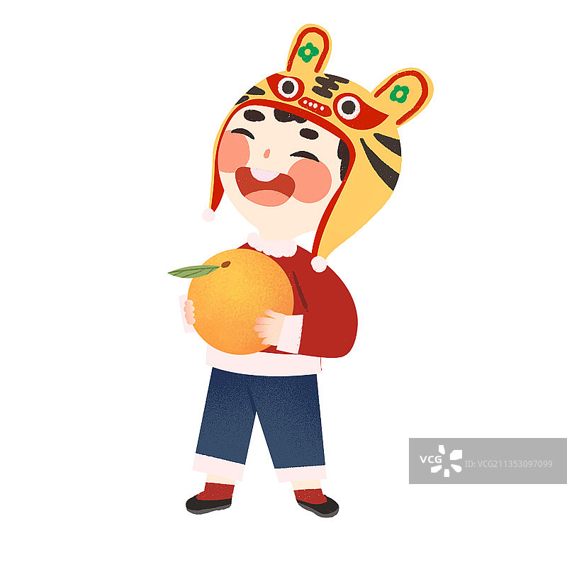 拿着橘子的虎帽小孩图片素材