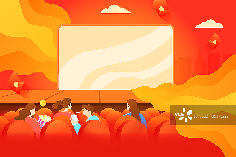 卡通商业商务互联网电商招商电影院看电影约会亲子家人矢量插画图片素材