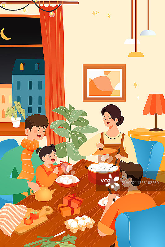 卡通冬季冬天冬至立冬元宵节家人家庭亲子团聚虎年中国风矢量插画图片素材