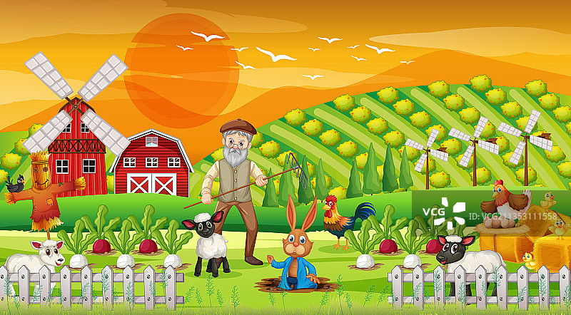 日落时分的农场与老农图片素材