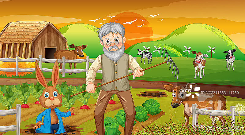 日落时分的农场与老农图片素材