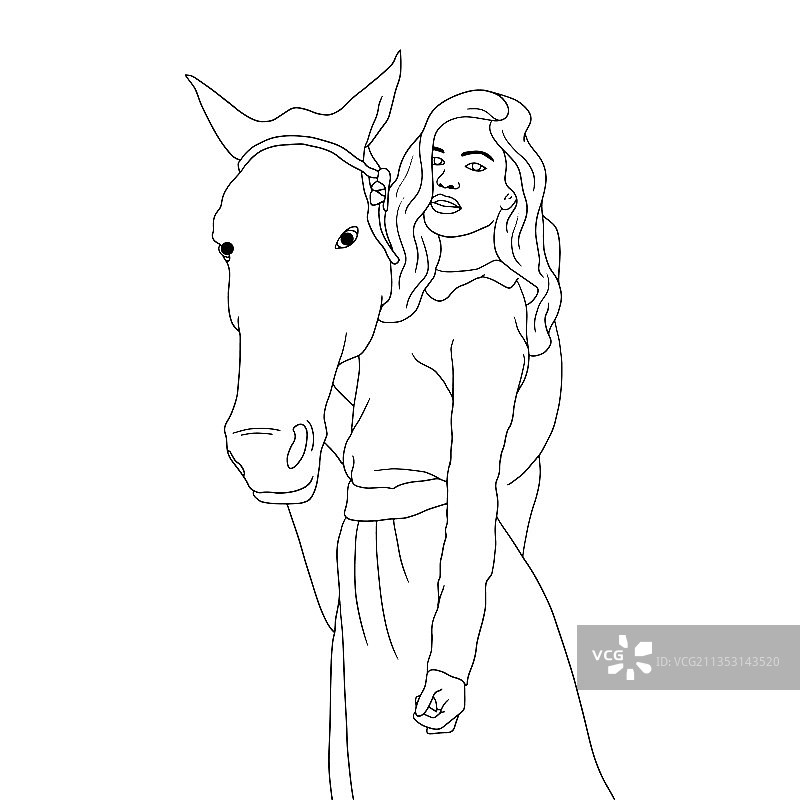 女孩与马填色页图片素材