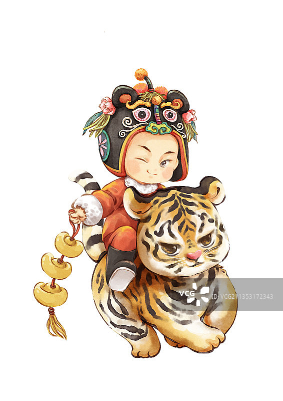 虎年虎头帽福娃骑老虎（男孩版）图片素材