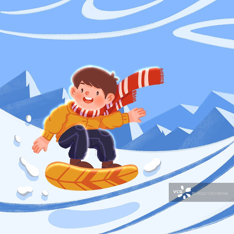 插画,儿童,冬天,滑雪,滑板,少年,雪,大寒,大雪,节气,图片素材
